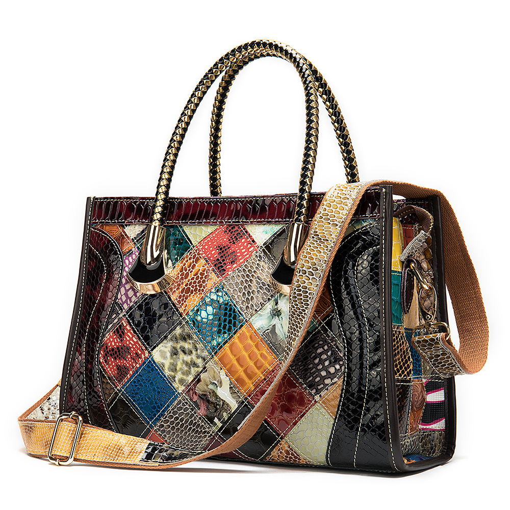 New women's handbags contrast color top layer cowhide women's bags patent leather trendy cool style large capacity fashion women's bags wholesale