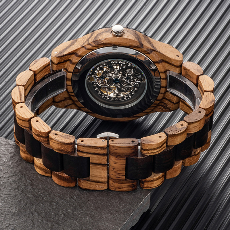 Ancient style senior sense of wood grain men's skeleton automatic mechanical wood watch